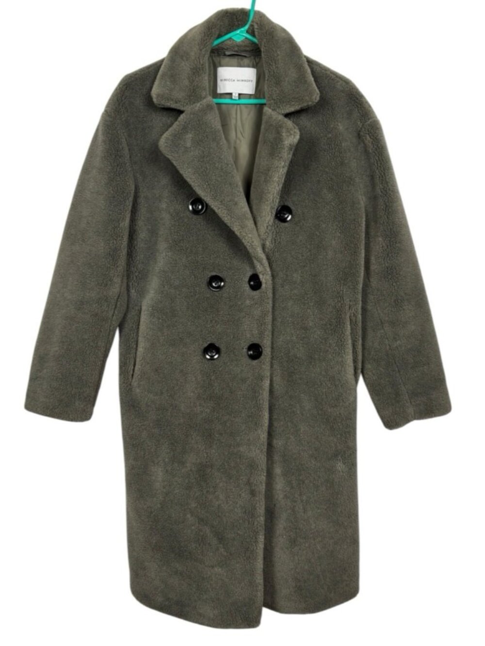 REBECCA MINKOFF Coat Womens S Teddy Bear Sherpa Wool Blend Olive Green RK-301